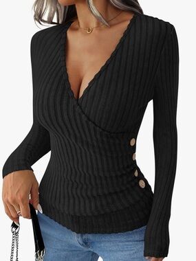Anrabess Ribbed Wrap V-Neck Long Sleeve Top - Black